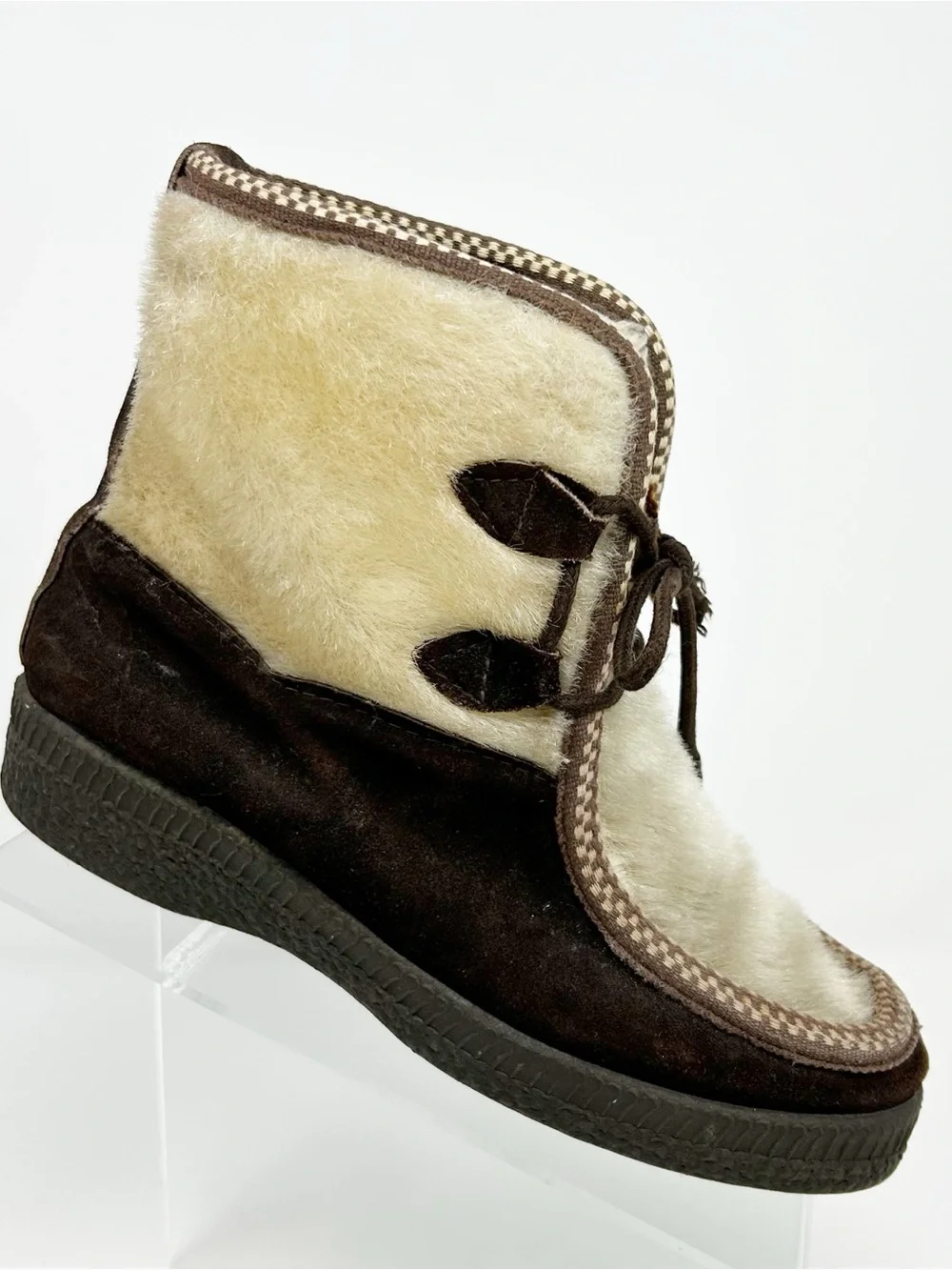 Snowland Vintage Apres Ski Snow Boots Womens Brown Cream Lace-Up Ankle Size 36